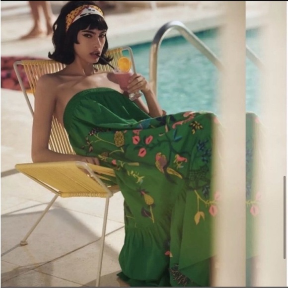 Anthropologie Rare embroidered Caribbean Kelly Green Maxi Dress - Picture 1 of 10